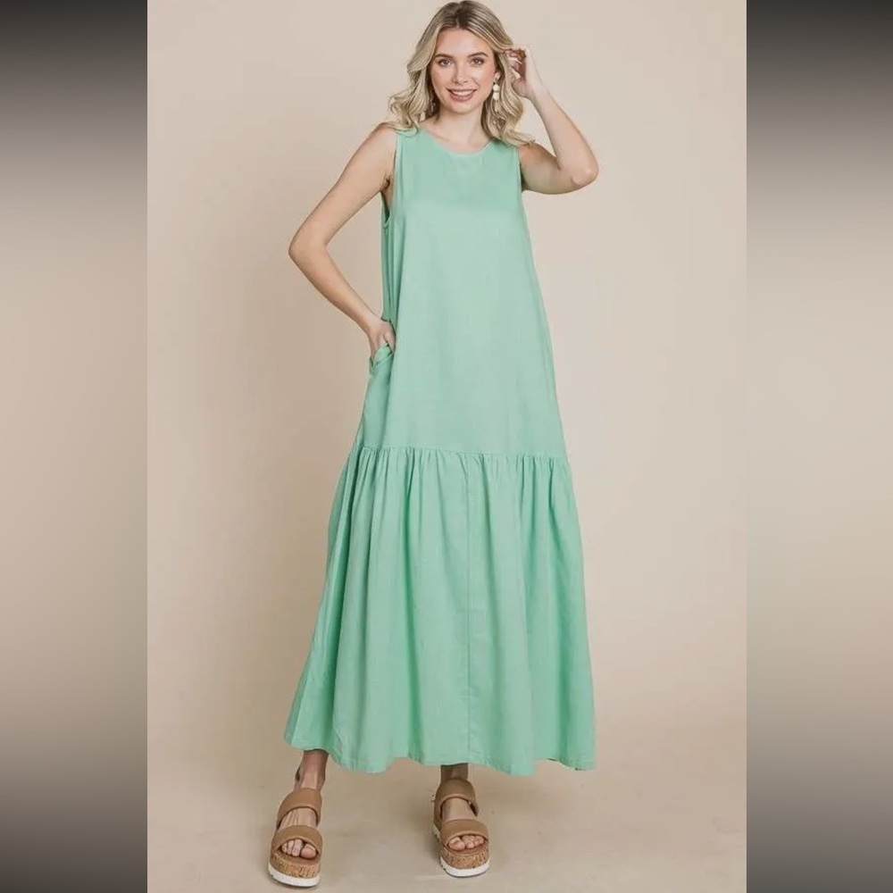 🕊️133 - Mint Green Sleeveless Linen Blend Maxi Dress